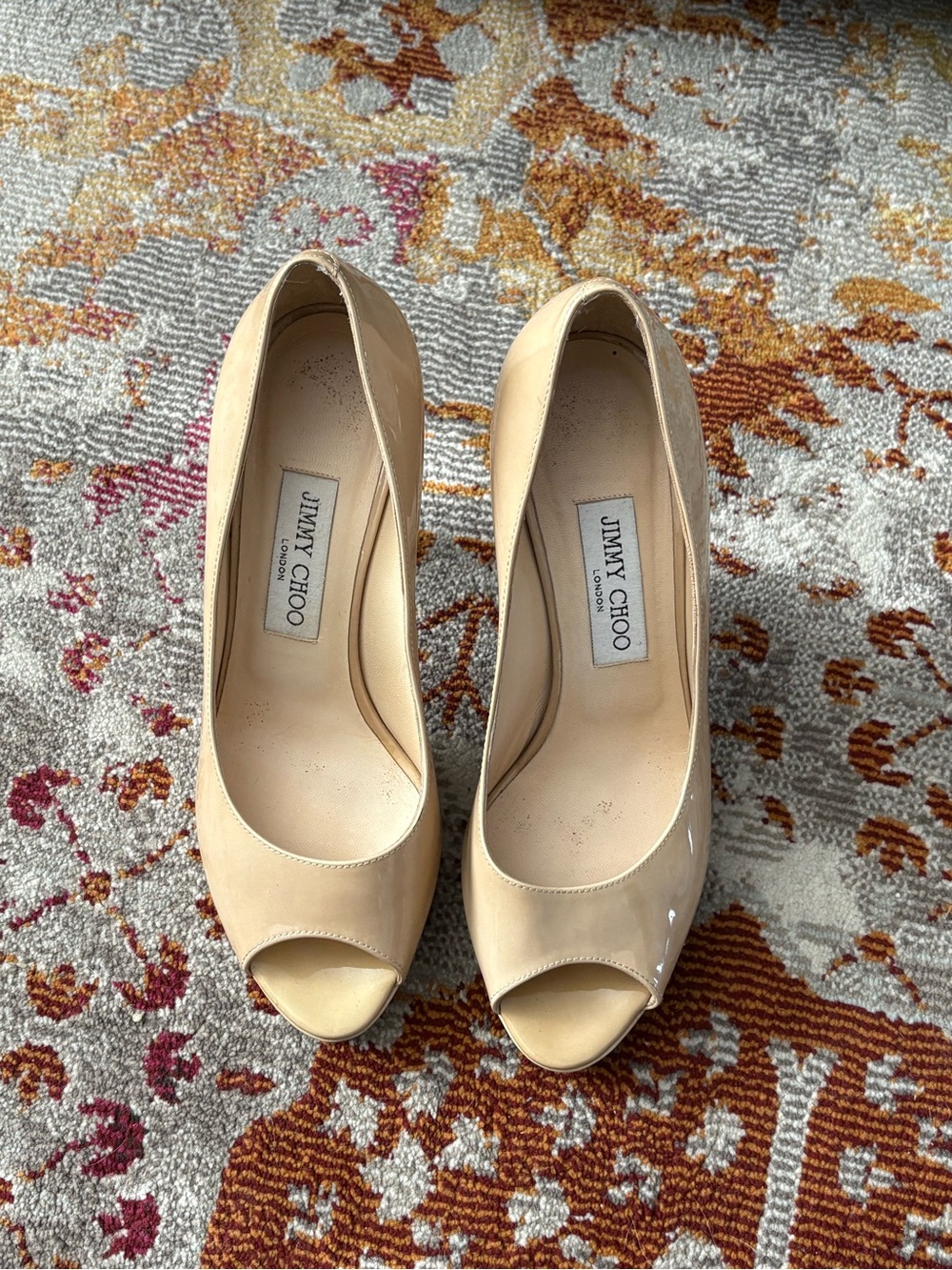 Jimmy Choo Beige Patent Leather Peep-Toe Pumps